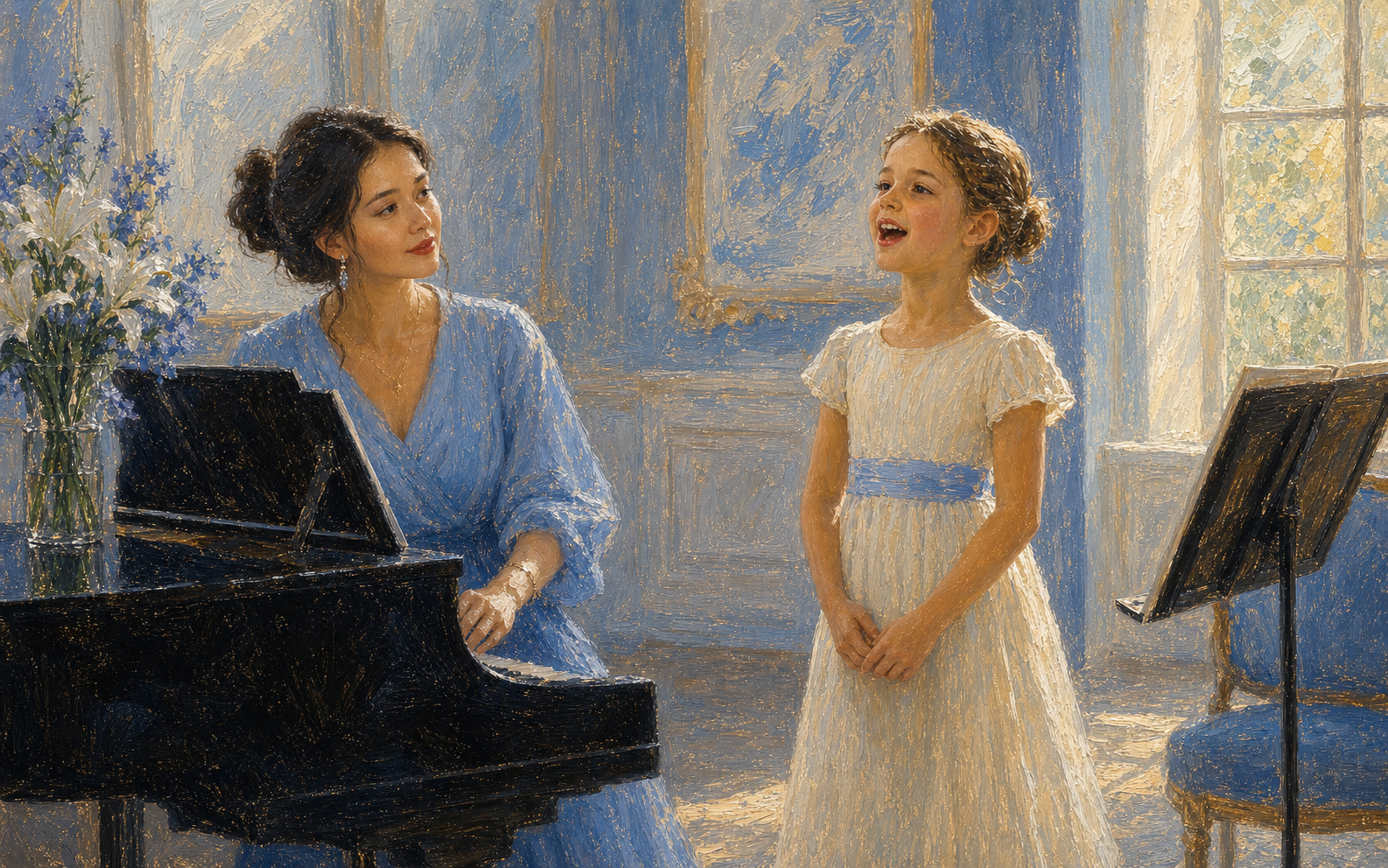 Impressionist painting of a child learning to sing