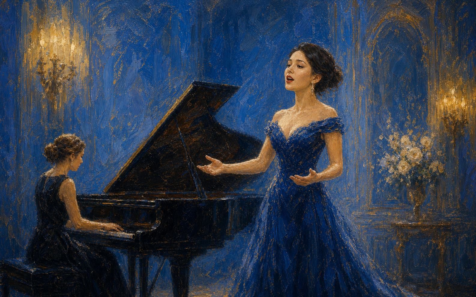 Impressionist painting of a soprano performing in concert