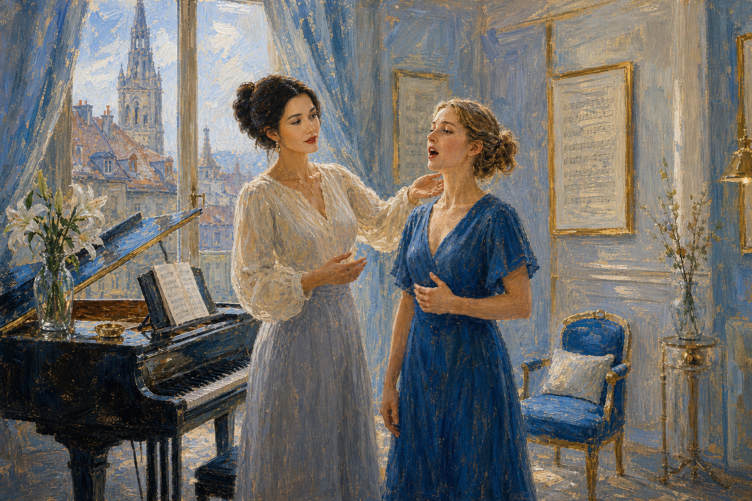Impressionist painting of a vocal teacher guiding a singing student